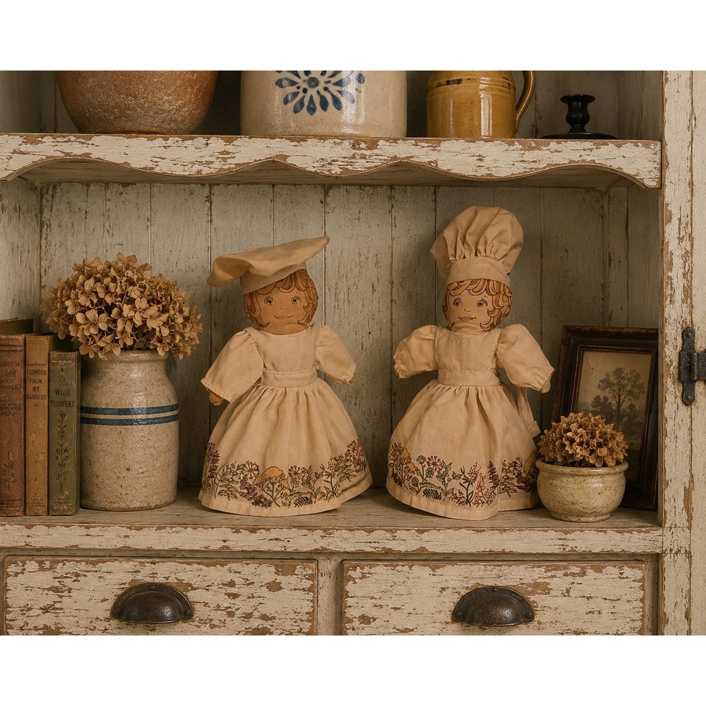 Vintage Set of 2 Rag Dolls 9.5 Inch Cloth Chef Kitchen Cottagecore Botanical